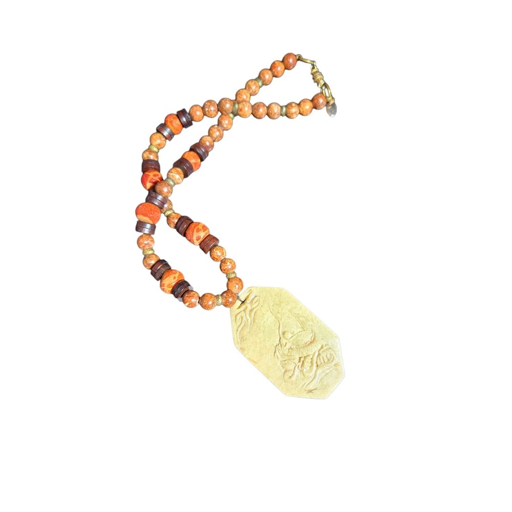 Les Bernard Inc.Signed VTG Coral Stone Beaded & Carved Koi Pendant Necklace 16"